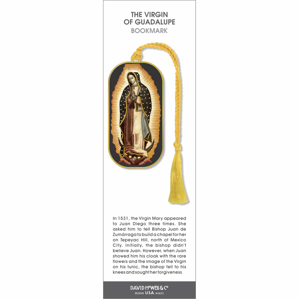 The Virgin of Guadalupe bookmark, iconic image of the Virgin Mary with radiant halo, intricate detailing, and a gold tassel.