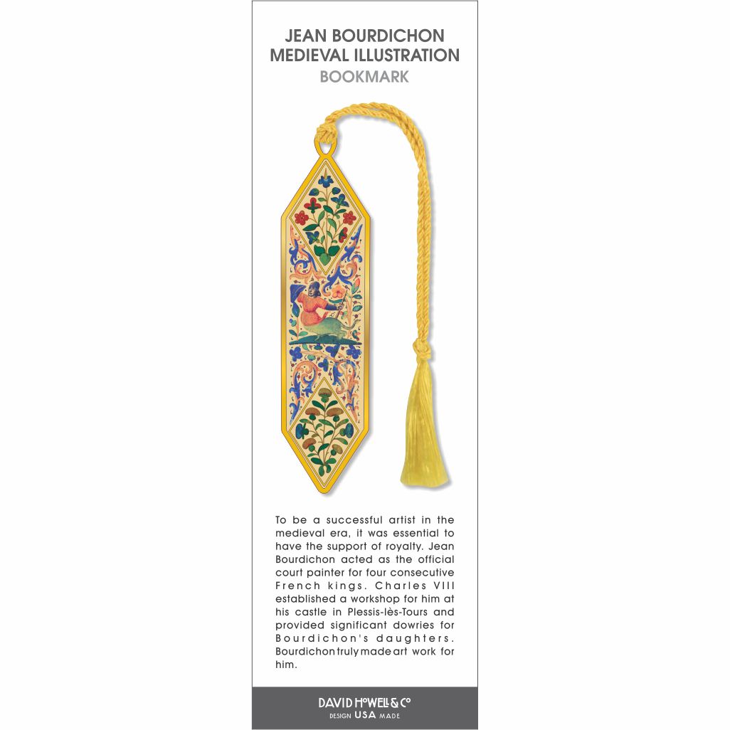 Jean Bourdichon Medieval Illustration Bookmark: gold-tone bookmark with a yellow tassel and colorful medieval floral and figure illustration.