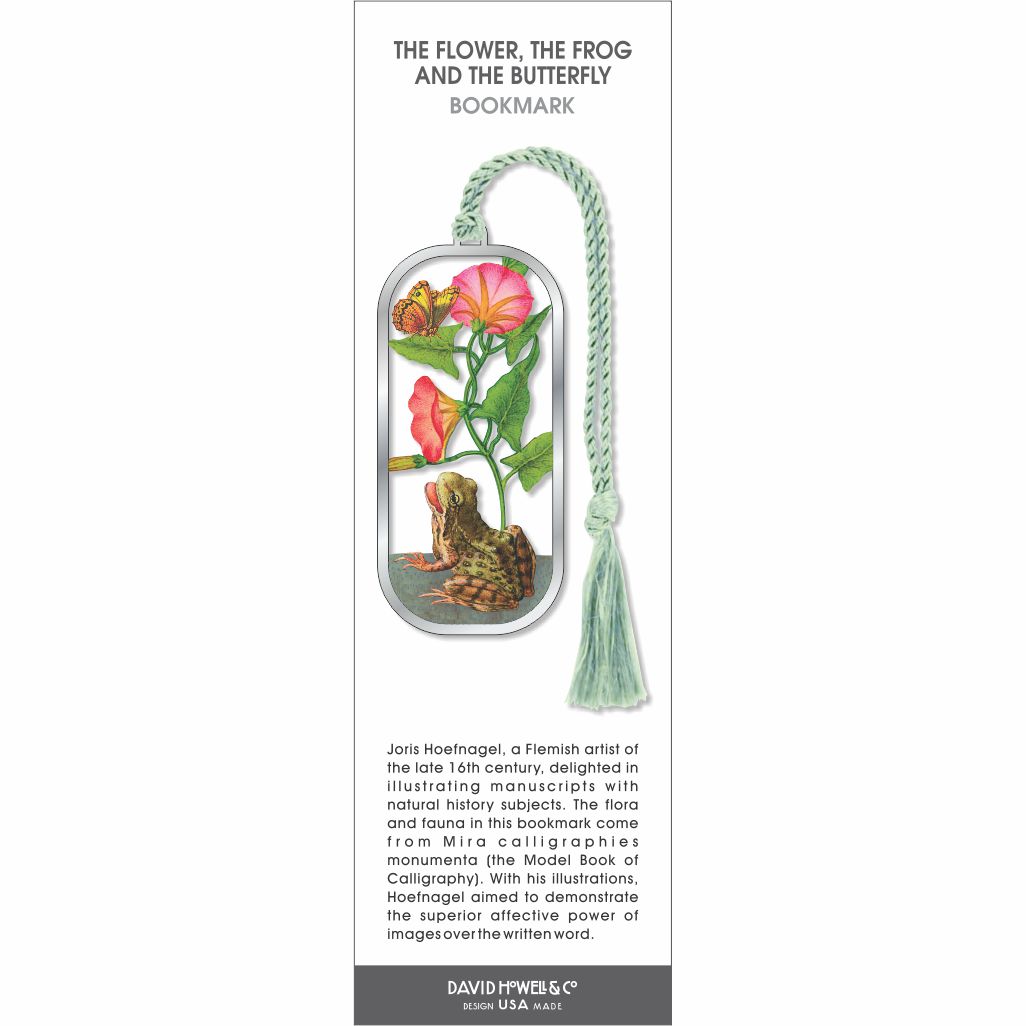 The Flower, the Frog and the Butterfly bookmark, a detailed botanical scene with a frog beneath blooming flowers and a butterfly above, finished with a soft green tassel.