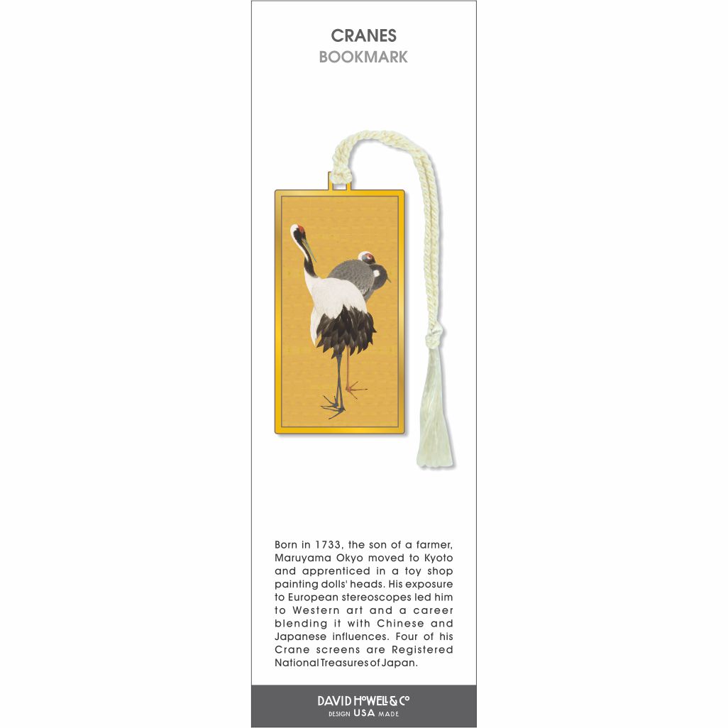 Cranes bookmark, two elegant cranes in a graceful pose against a warm golden background, finished with a soft ivory tassel.