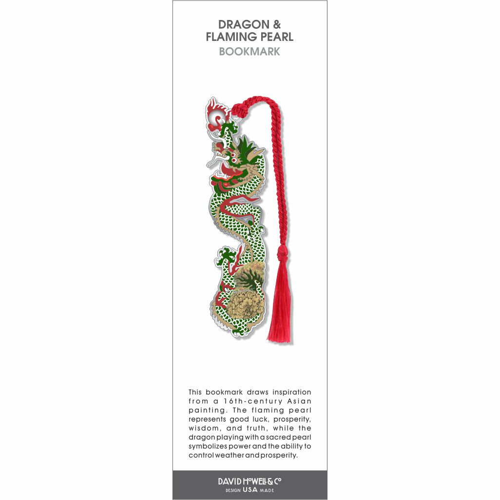 Dragon & Flaming Pearl bookmark, a detailed green and red dragon intertwined with a flaming pearl, finished with a bold red tassel.
