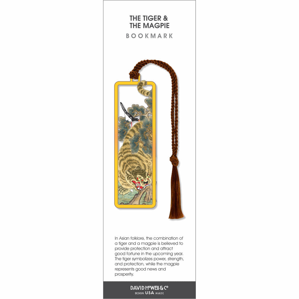 The Tiger & the Magpie Bookmark featuring a detailed illustration of a tiger crouched beneath foliage with a magpie perched above, framed in gold with a brown tassel, symbolizing strength, protection, and good fortune in Asian folklore.
