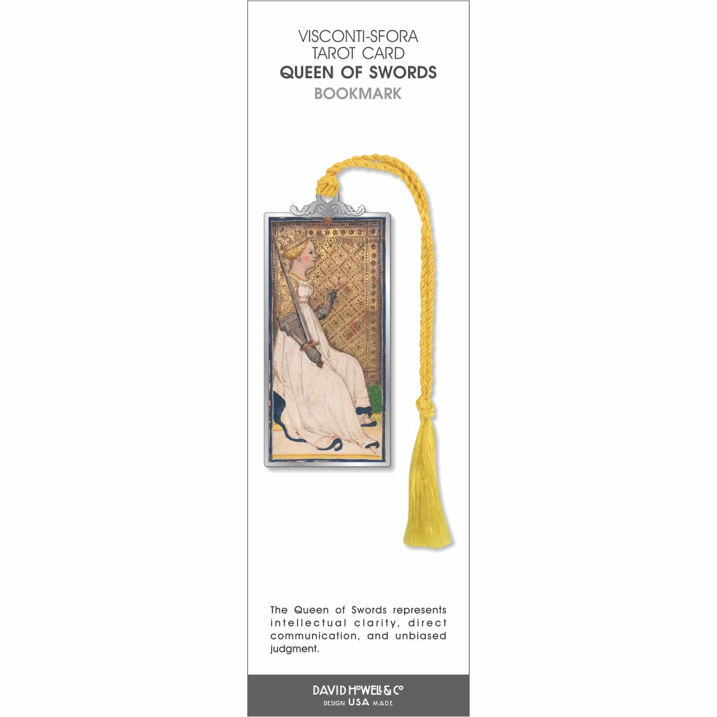 Visconti-Sforza Tarot Card Queen of Swords bookmark featuring a seated queen illustration in a silver-tone frame with a yellow tassel.