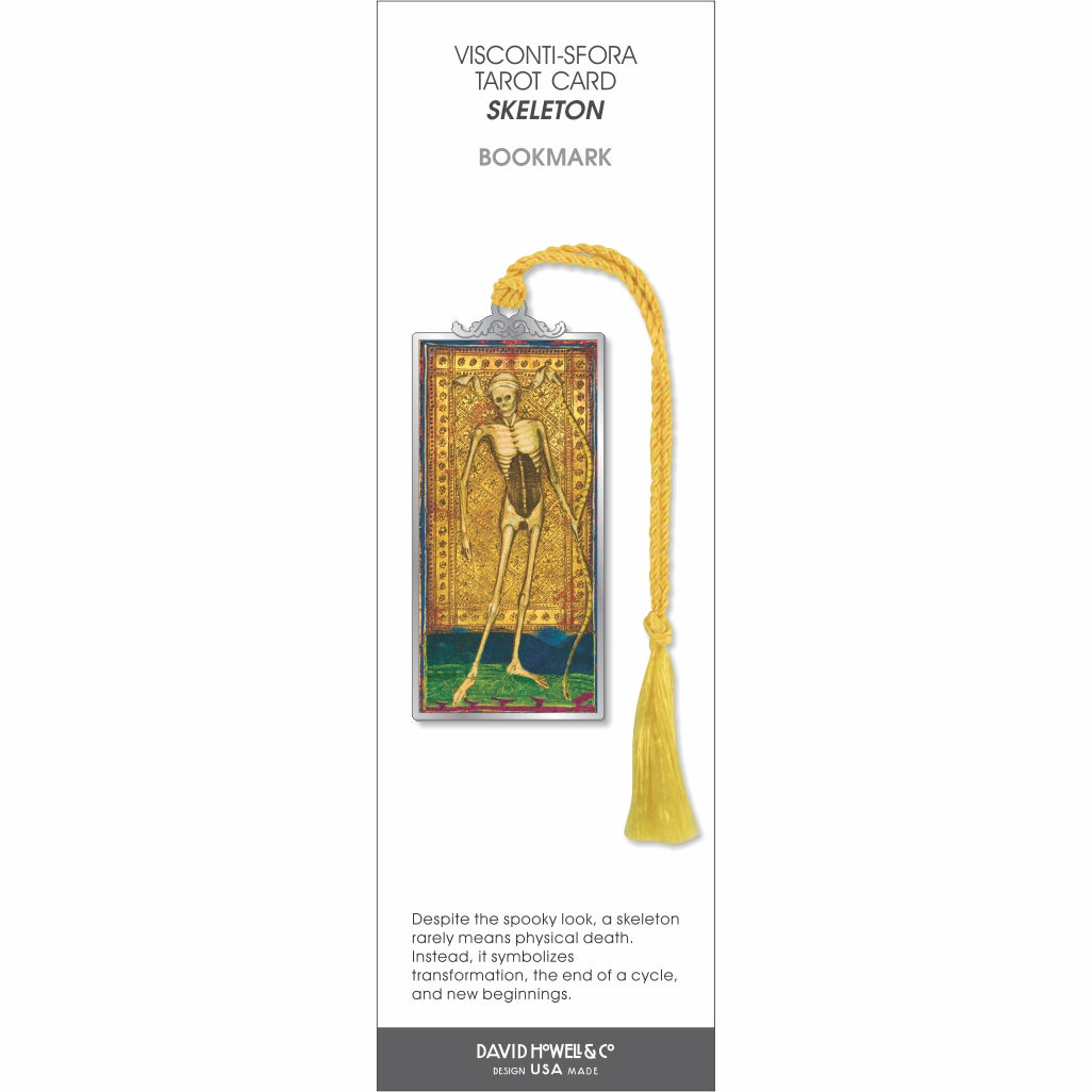 Visconti-Sforza Tarot Card Skeleton bookmark featuring a vintage skeleton illustration in a silver-tone frame with a yellow tassel, symbolizing transformation and new beginnings.