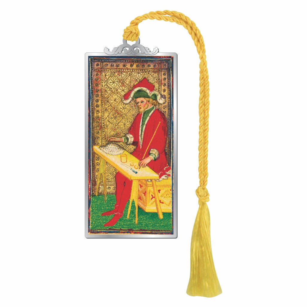 A rectangular metal bookmark featuring a vintage-style illustration of a robed figure at a table, with a decorative silver top loop and a long yellow tassel.