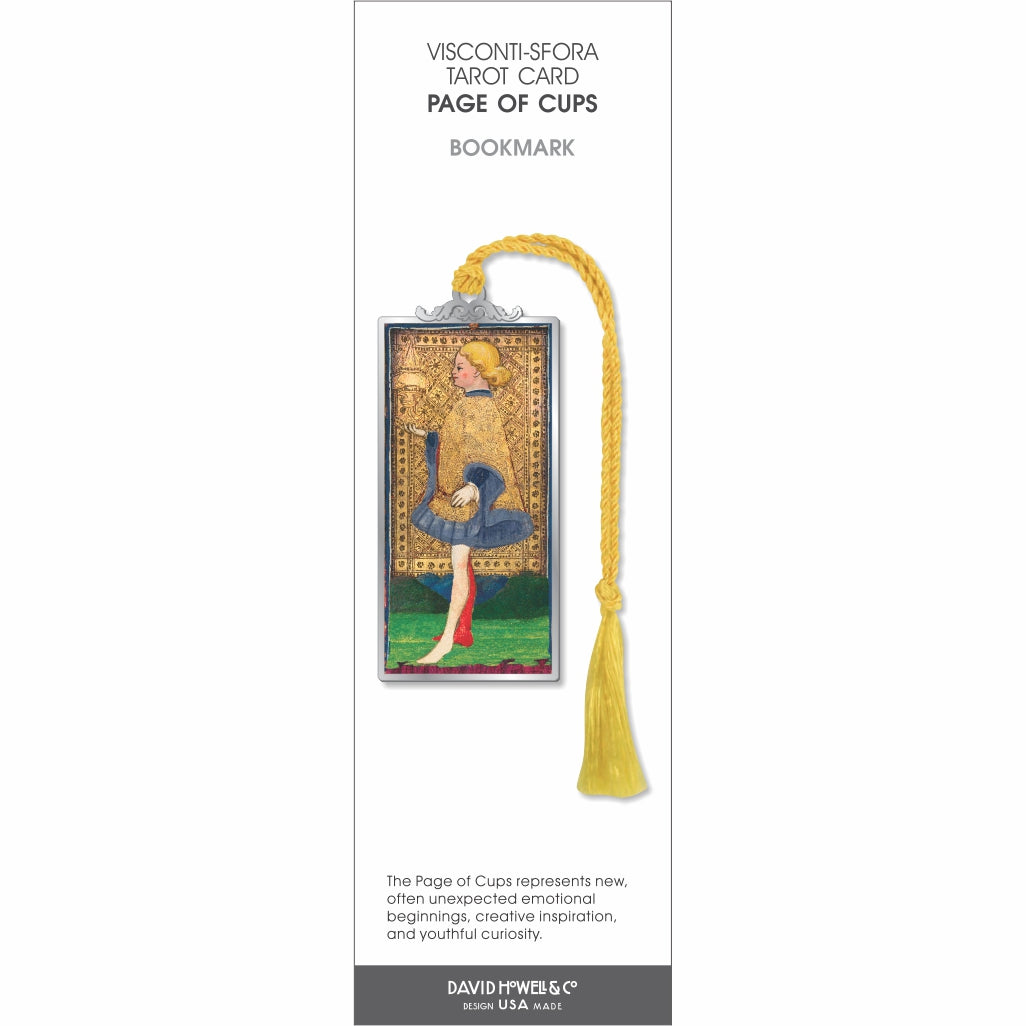 Visconti-Sforza Tarot Card Page of Cups bookmark featuring a medieval-style Page of Cups illustration framed in silver-tone metal with a yellow tassel.