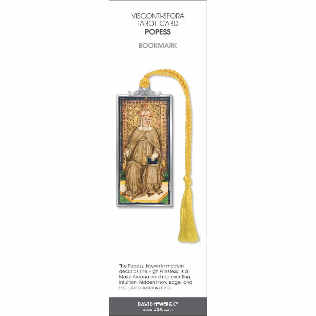 Visconti-Sforza Tarot Card Popess bookmark featuring a medieval-style Popess illustration framed in silver-tone metal with a yellow tassel.