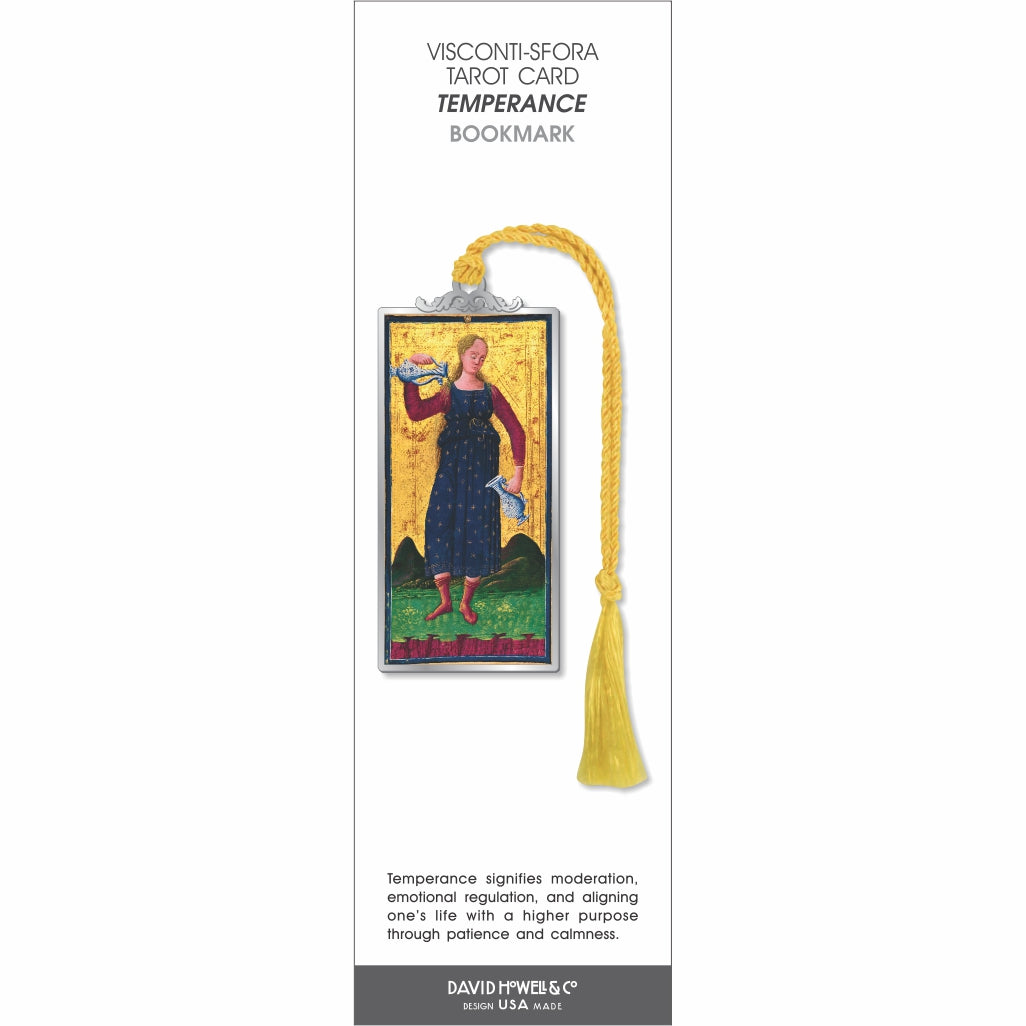 Visconti-Sforza Tarot Card Temperance bookmark featuring a medieval-inspired Temperance illustration with a yellow tassel and silver-tone frame.