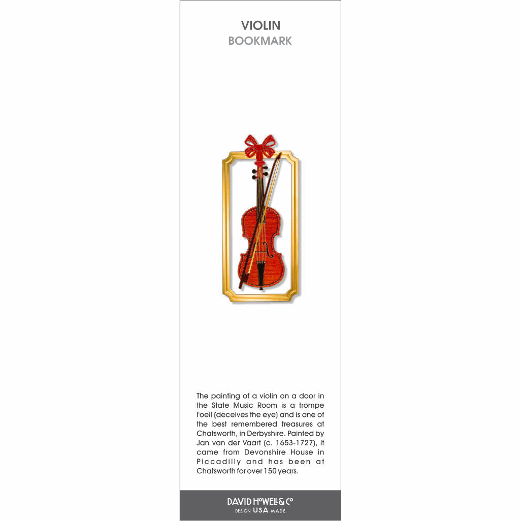 Violin’ bookmark featuring a red violin and bow inside a gold frame with a decorative red ribbon detail.