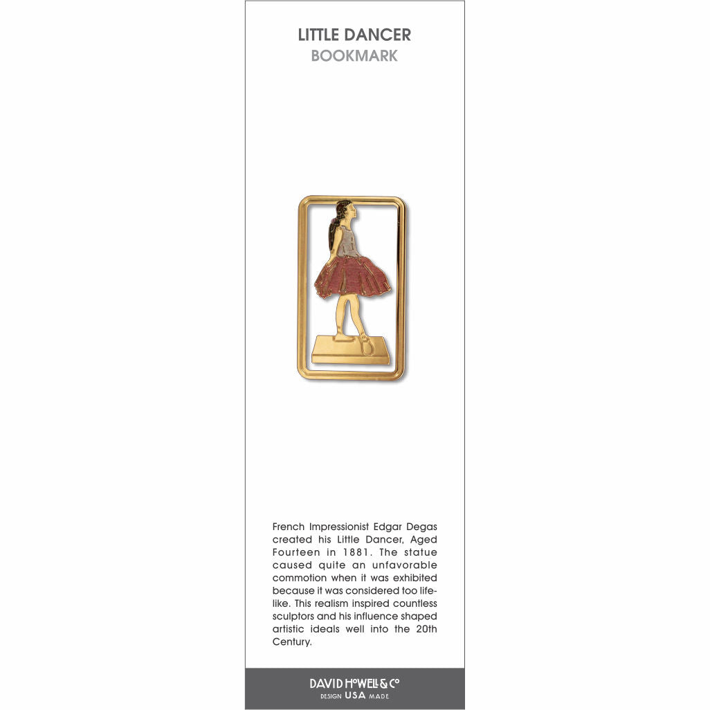 Little Dancer’ bookmark inspired by Degas, showing a young ballerina in a red tutu standing on a base.