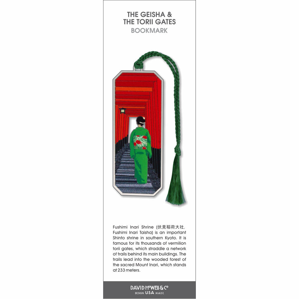Geisha & Torii Gates’ bookmark showing a geisha in green kimono walking through red torii gates with a green tassel.