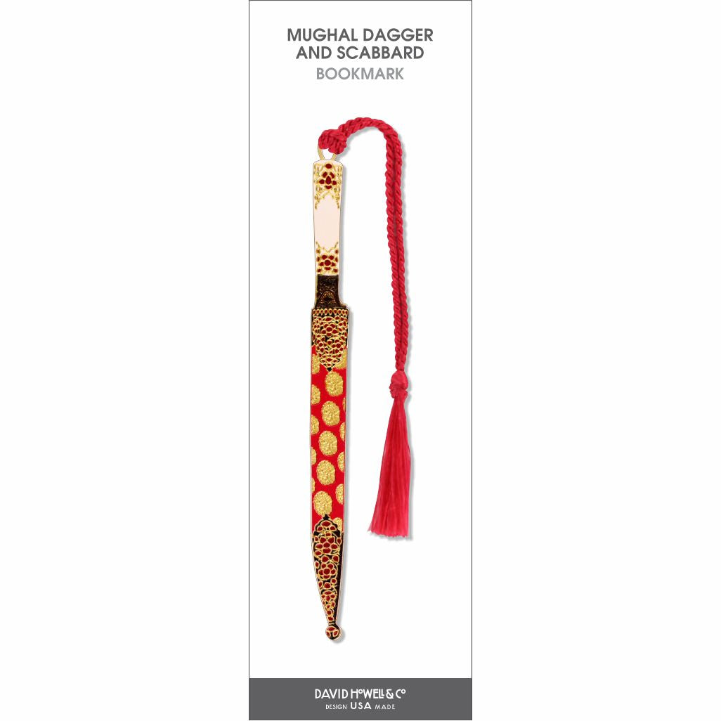 Mughal Dagger and Scabbard’ bookmark with ornate red and gold design and matching red tassel.