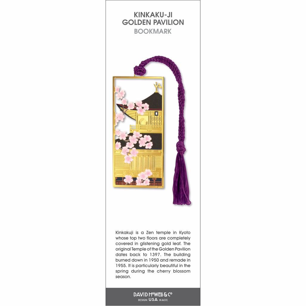 Kinkaku-ji Golden Pavilion’ bookmark showing the gold temple with cherry blossoms and a purple tassel.
