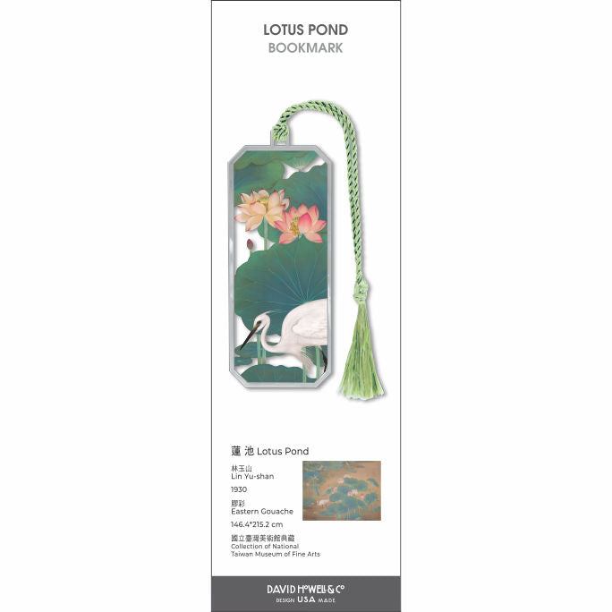Lotus Pond’ bookmark featuring blooming lotus flowers and white cranes in a serene pond scene with a green tassel.