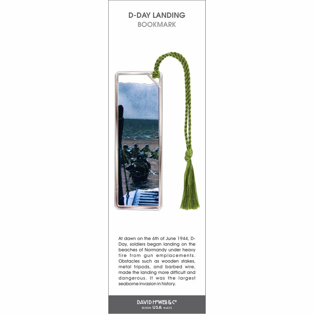 D-Day Landing’ bookmark featuring soldiers wading ashore during the Normandy invasion with a green tassel.