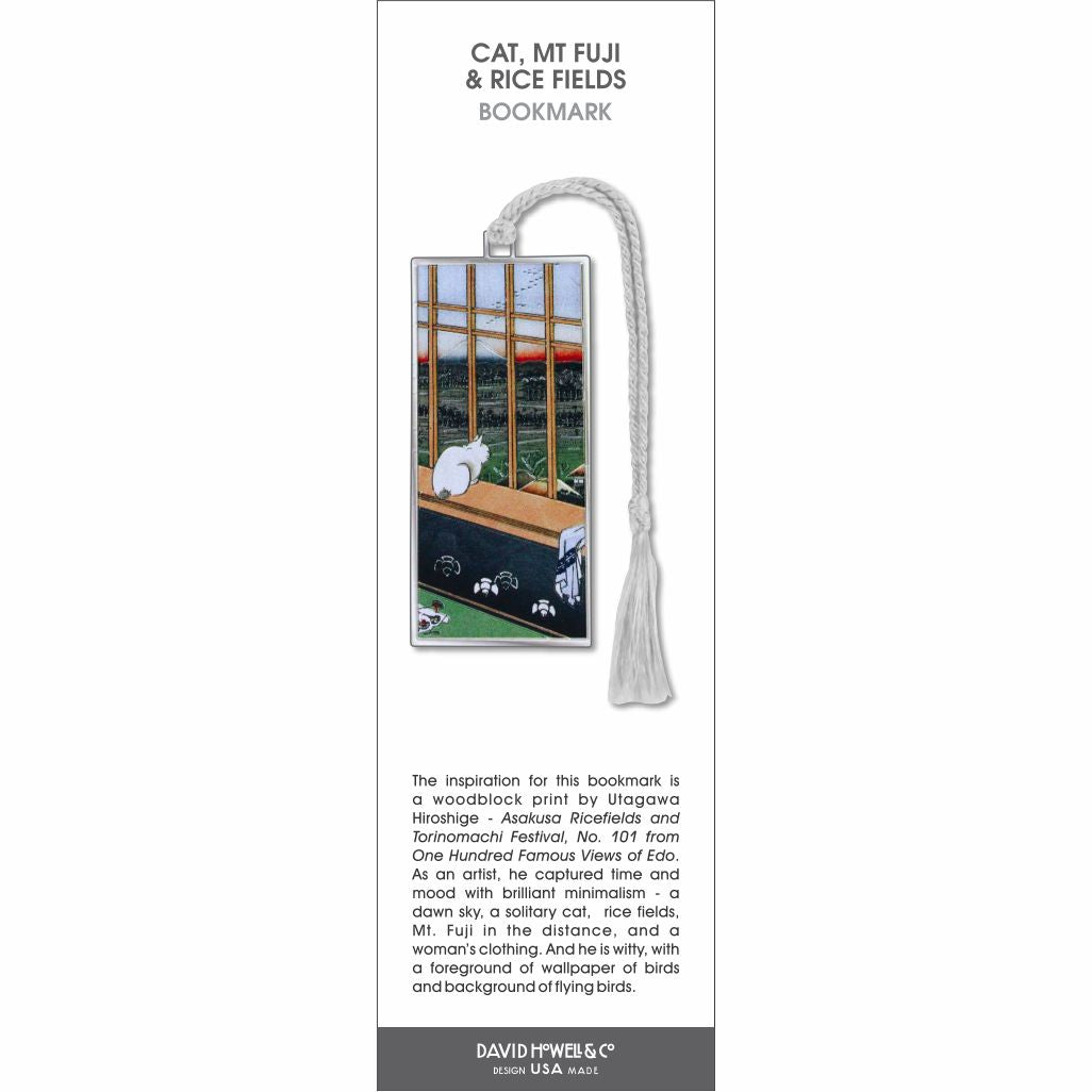 Cat, Mt Fuji & Rice Fields’ bookmark featuring a white cat by a window overlooking rice fields and Mount Fuji.