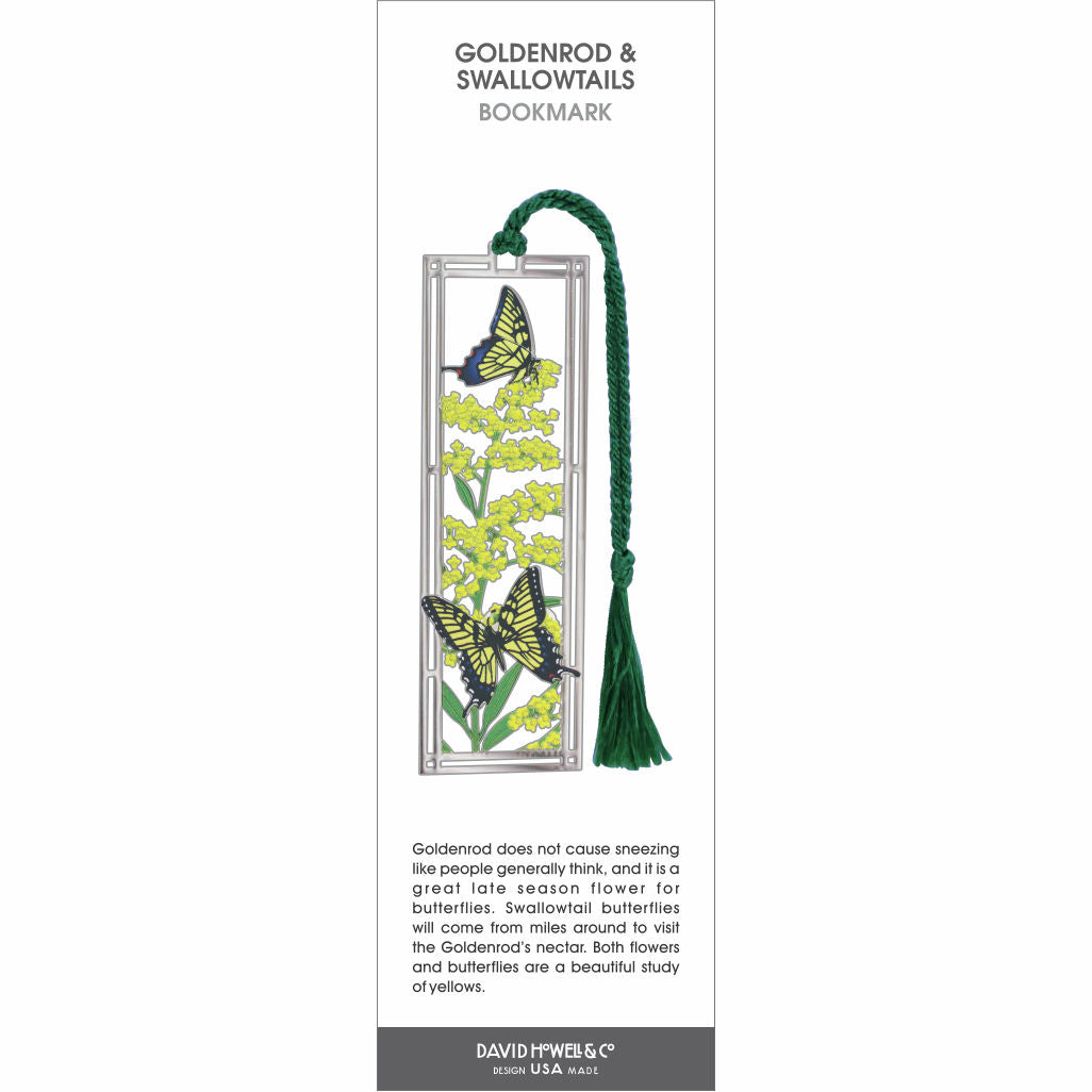 Goldenrod & Swallowtails’ bookmark featuring yellow flowers with two swallowtail butterflies and a green tassel.