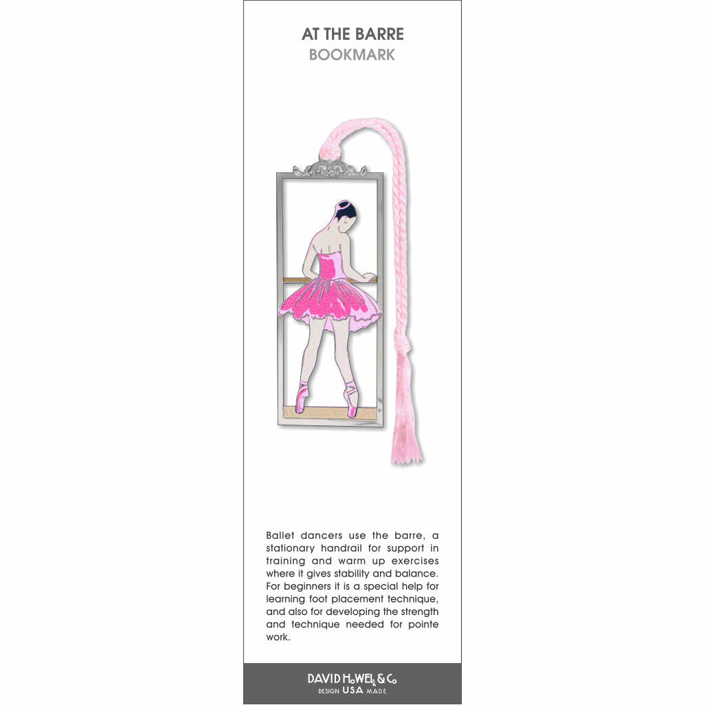 At the Barre’ bookmark featuring a ballerina in a pink tutu practicing at a ballet barre with a pink tassel.