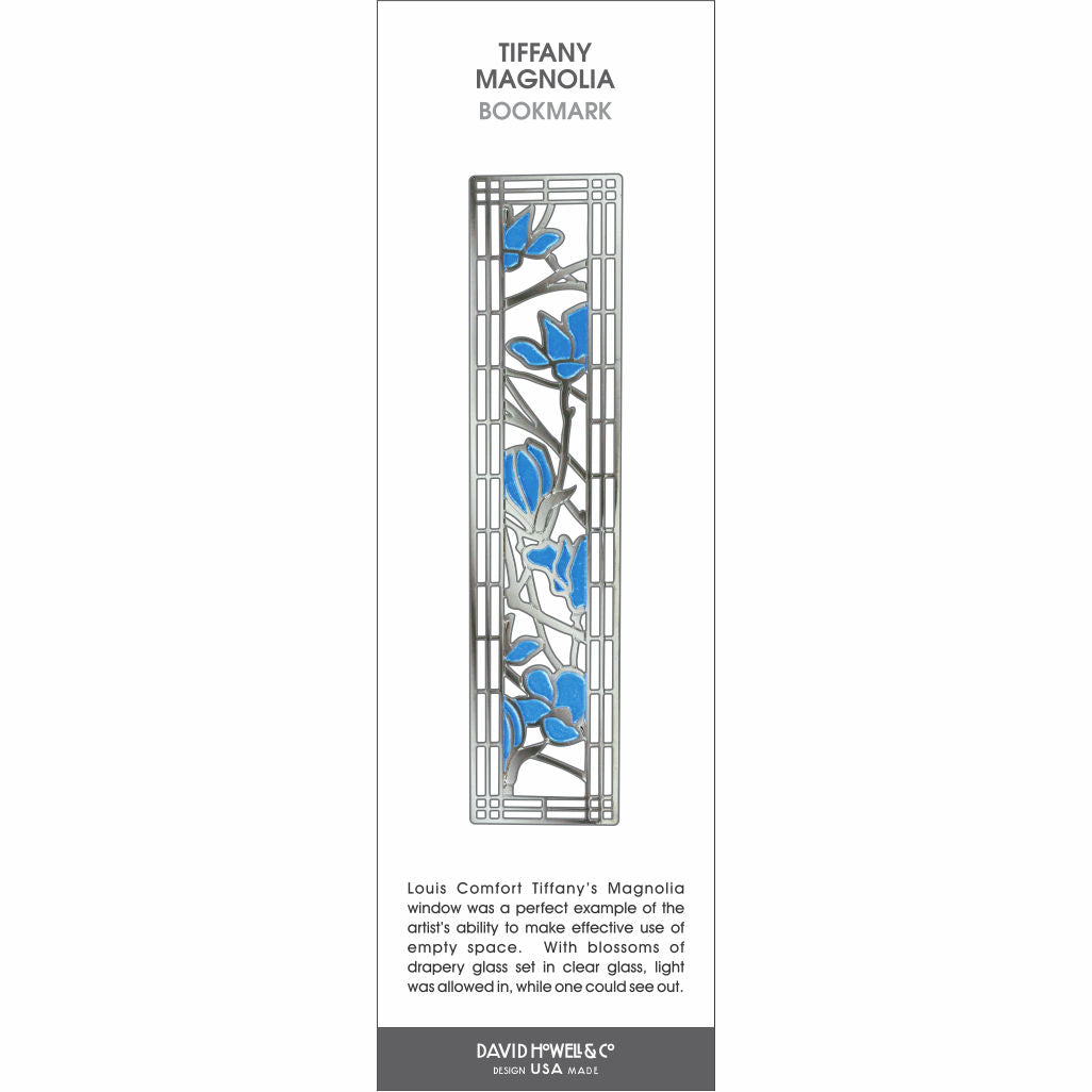 Tiffany Magnolia’ bookmark featuring blue magnolia blossoms in a stained glass–style silver design.