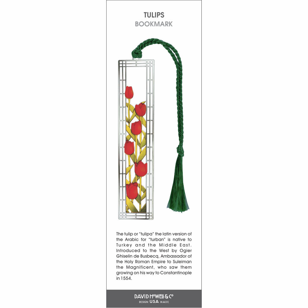 Tulips’ bookmark featuring red tulip flowers in a geometric stained glass–style design, with a green braided tassel.