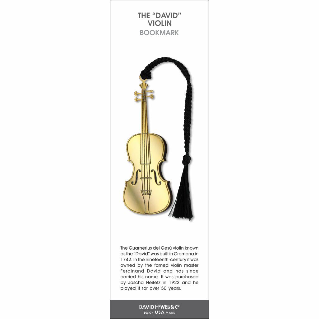 The David’ violin bookmark featuring a gold-toned violin design with a black braided tassel.