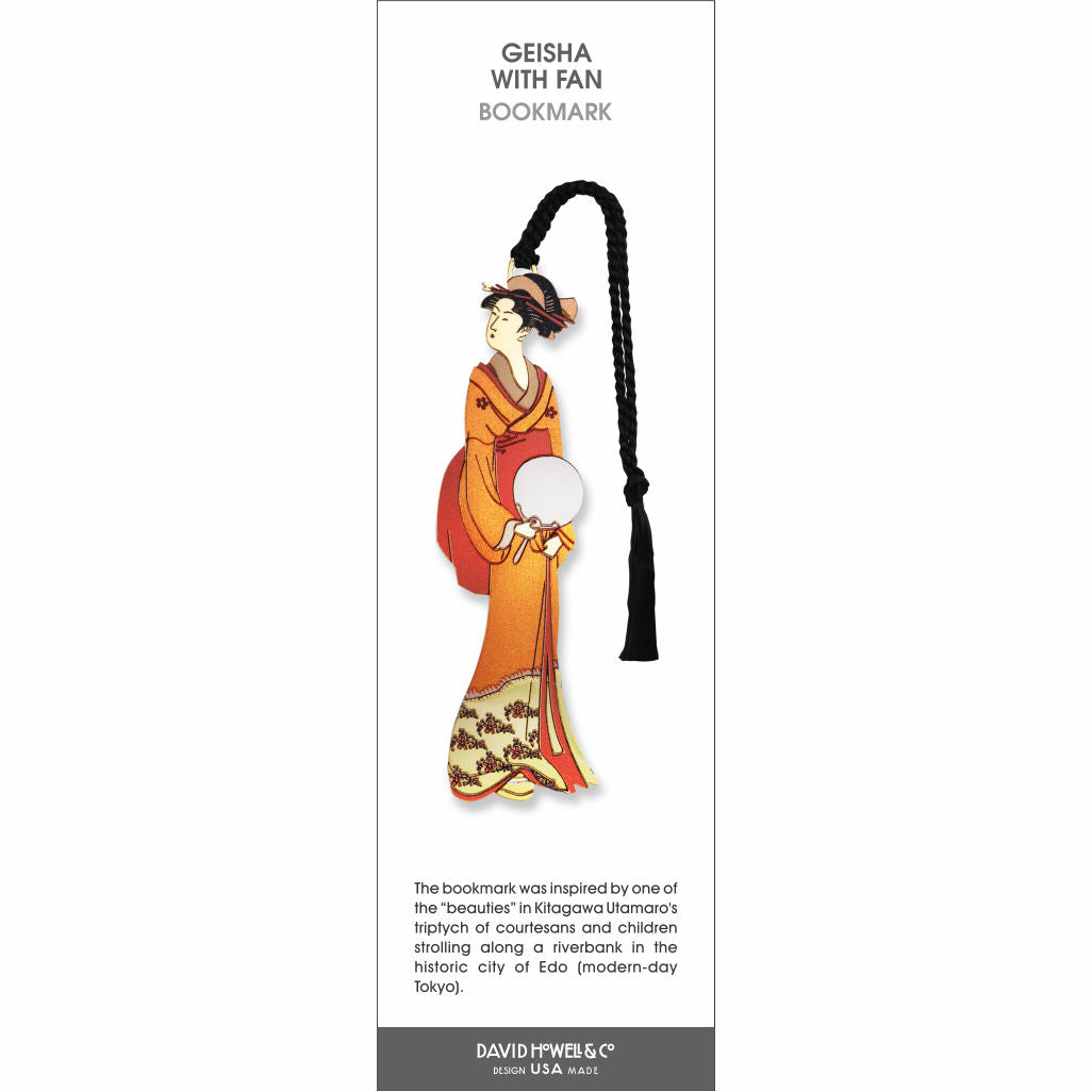 Geisha with Fan’ bookmark featuring a woman in an orange kimono holding a fan, with a black braided tassel.