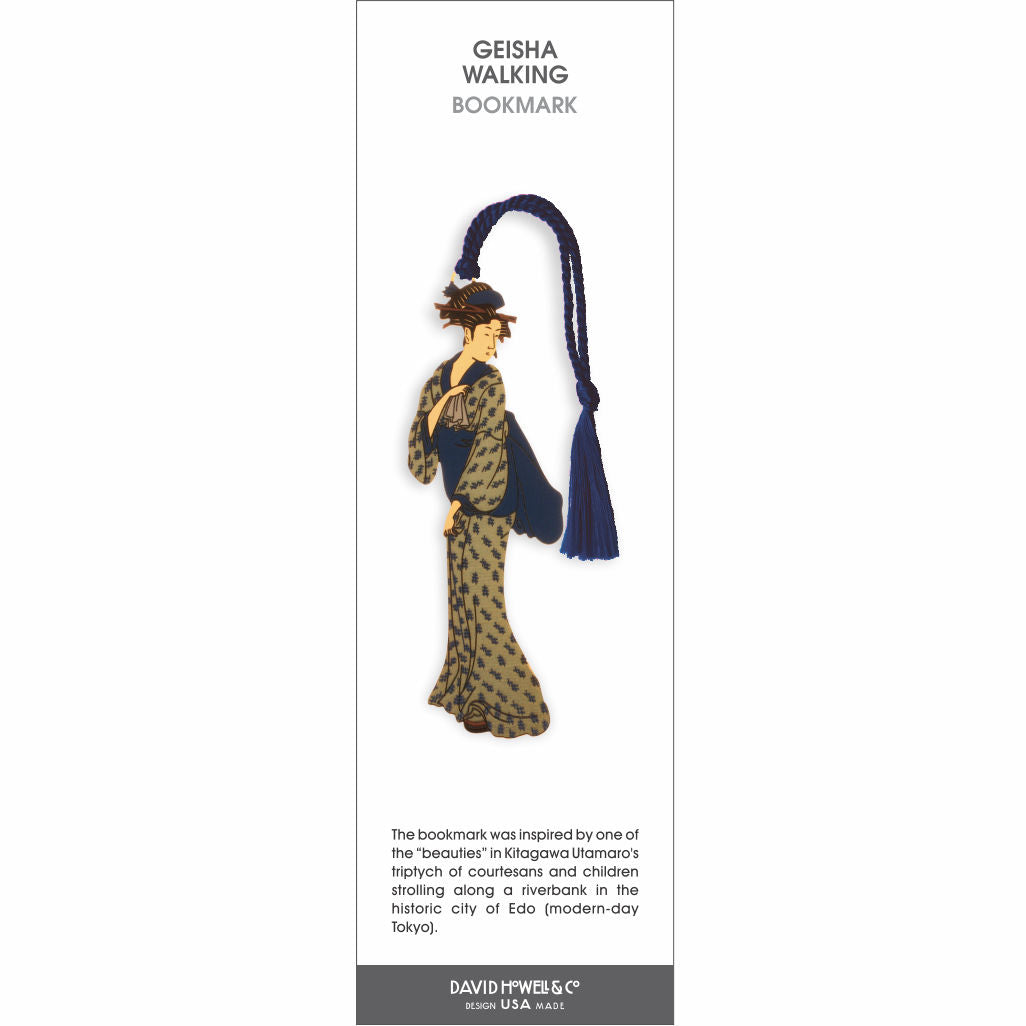 Geisha Walking’ bookmark featuring a geisha in a patterned kimono mid-step, with a dark blue braided tassel.