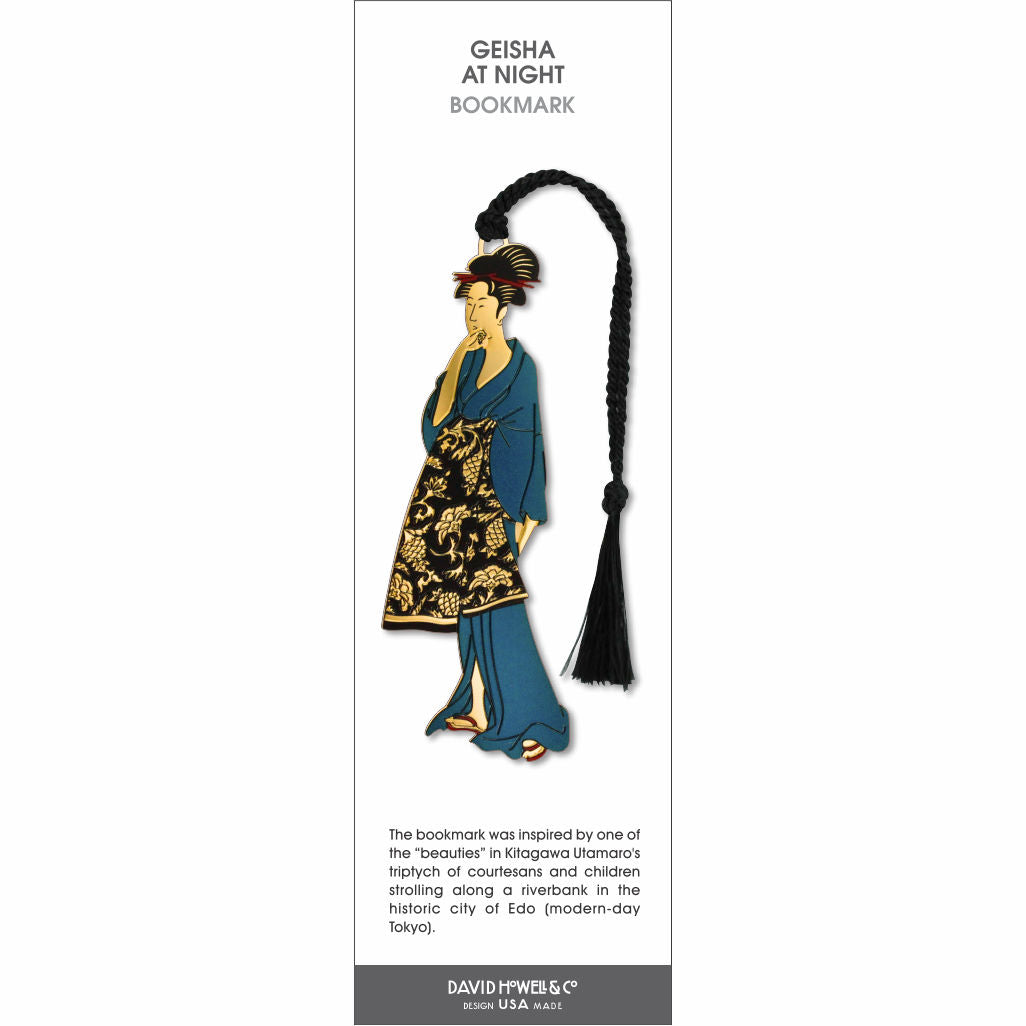 Geisha at Night’ bookmark featuring a woman in a traditional kimono, with a black braided tassel.