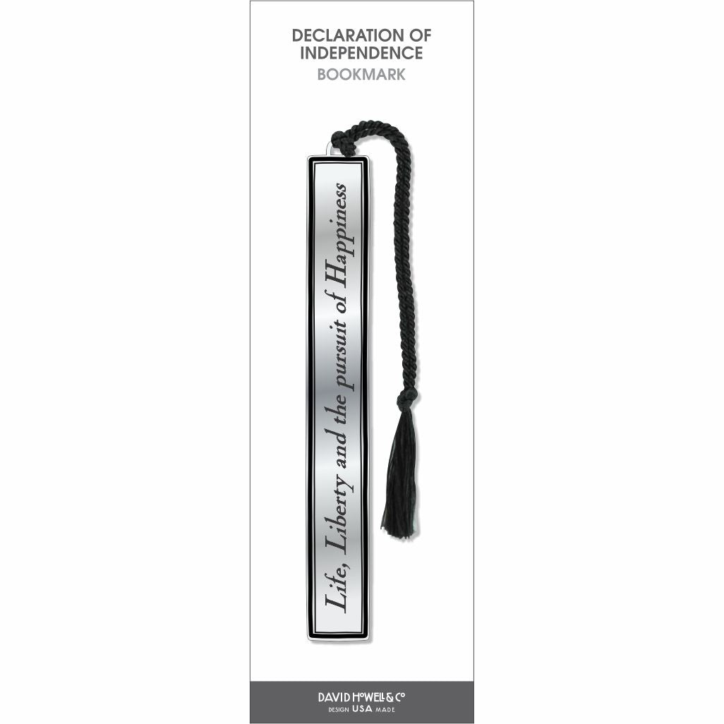 Declaration of Independence bookmark featuring the phrase “Life, Liberty and the pursuit of Happiness” on a silver-tone metal bookmark with a black tassel, displayed on retail packaging.