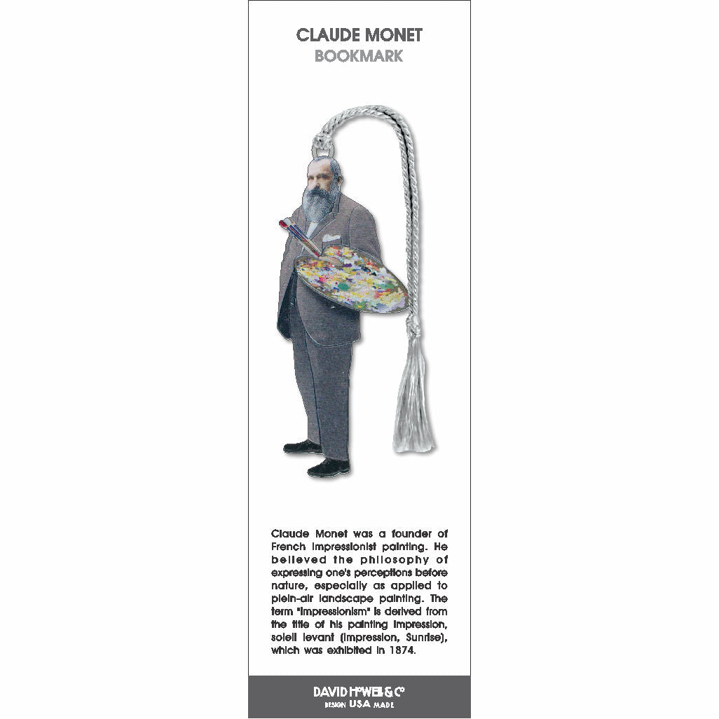 Claude Monet bookmark featuring a portrait of the artist holding a paint palette, with a silver braided tassel.