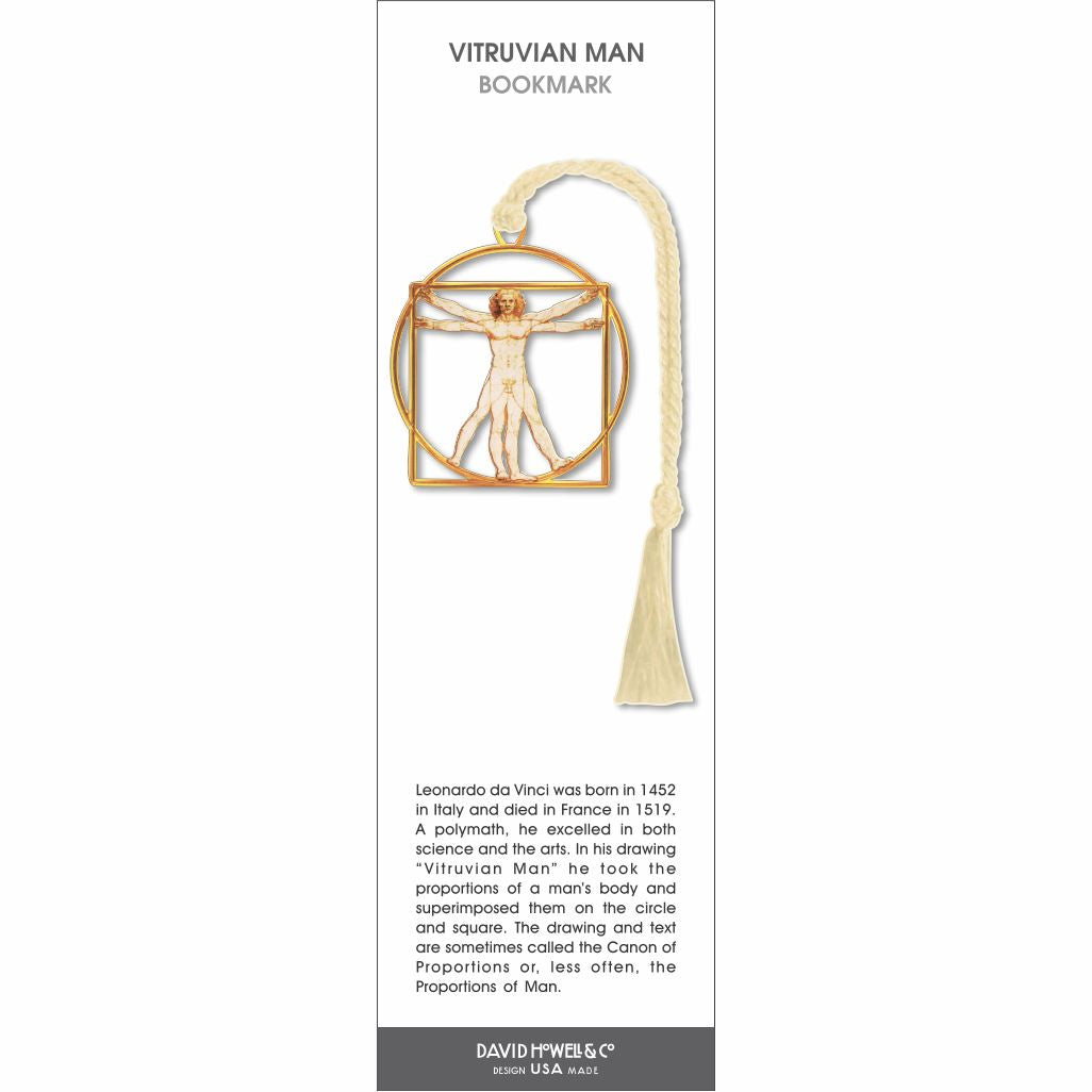 Vitruvian Man’ bookmark featuring Leonardo da Vinci’s iconic human figure drawing, with a cream braided tassel.