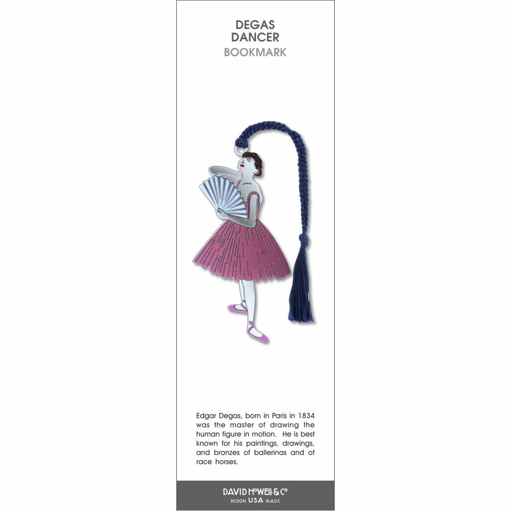 Degas Dancer’ bookmark featuring a ballerina holding a fan in a pink dress, with a blue braided tassel.