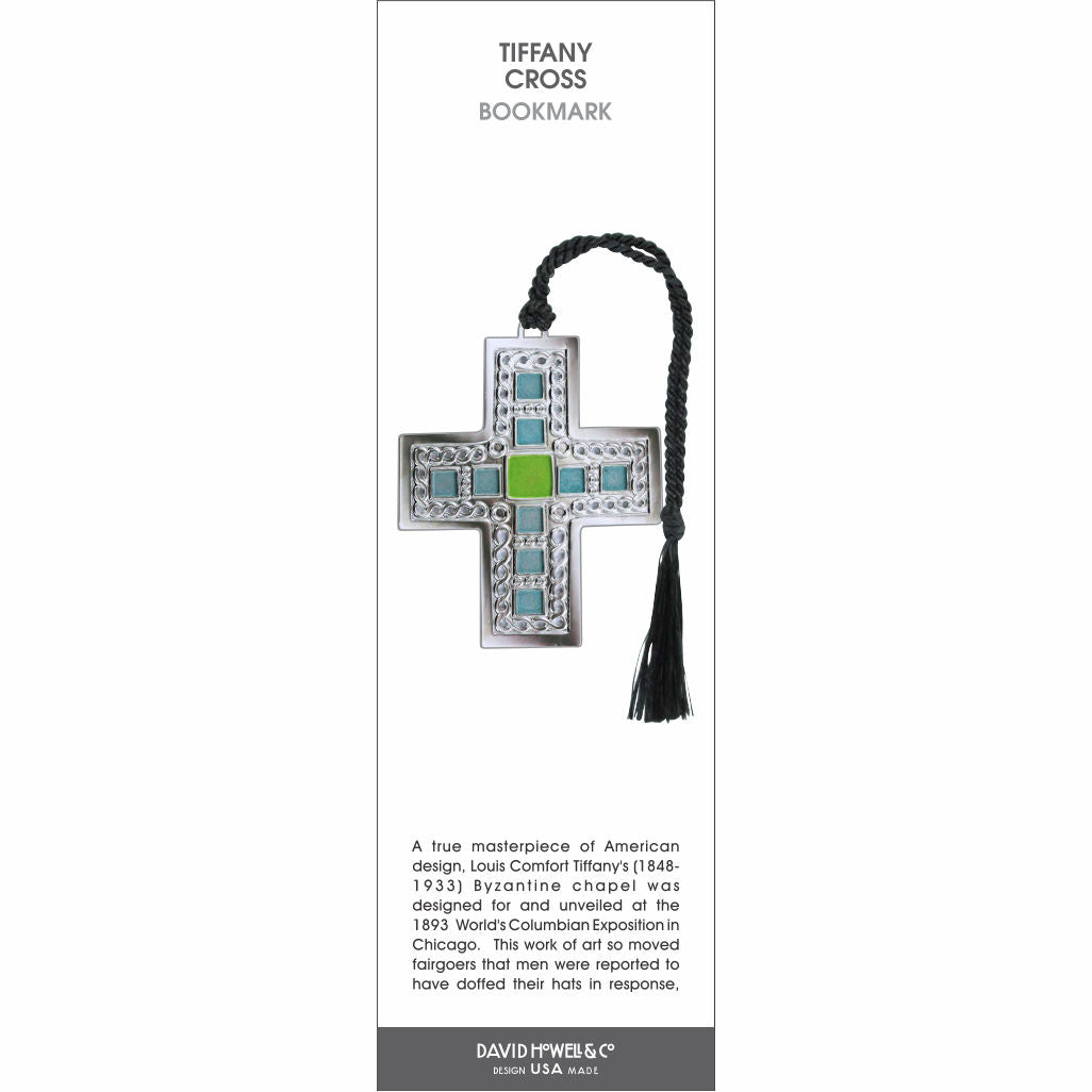 Tiffany Cross’ bookmark featuring a decorative cross with blue and green glass details, with a black braided tassel.
