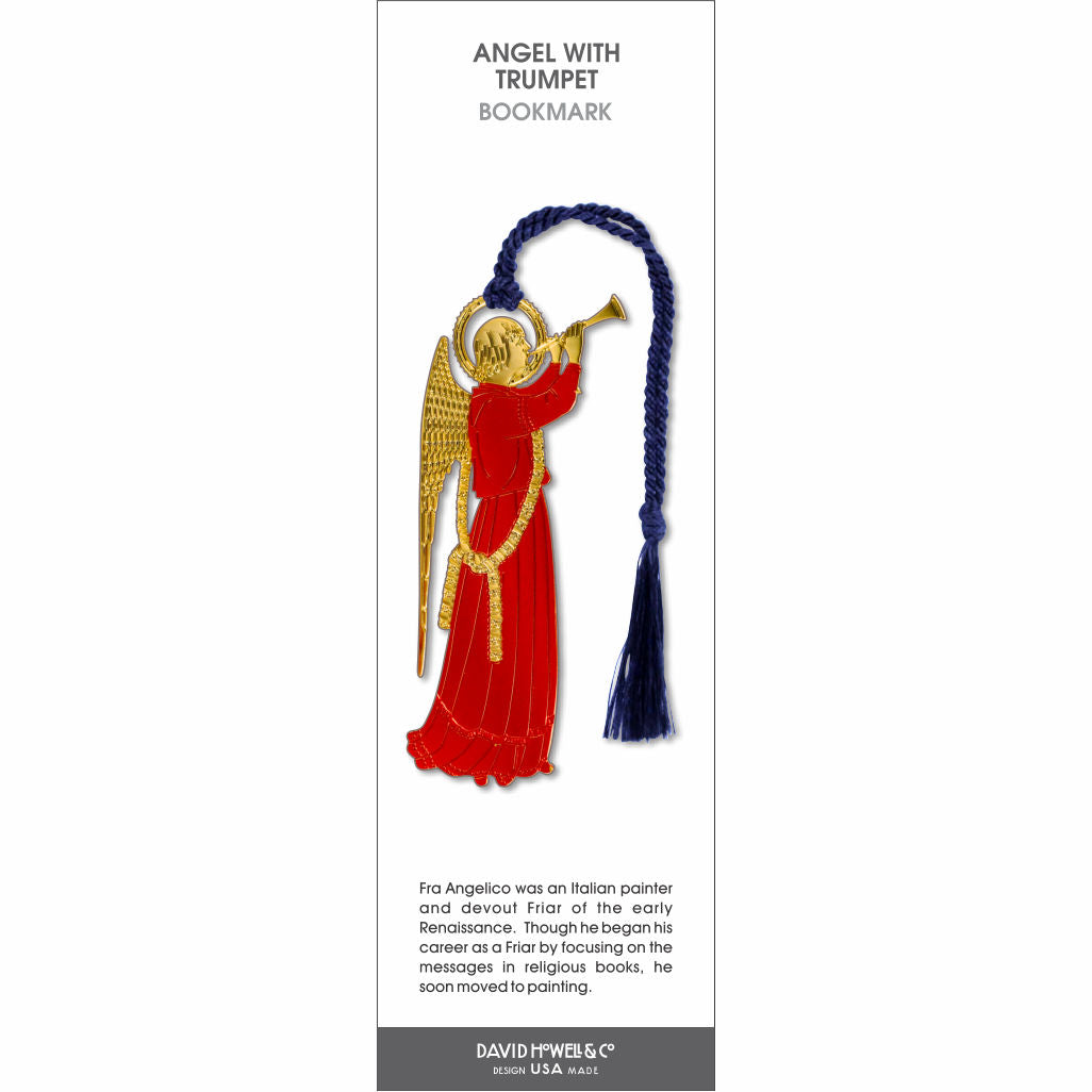 Angel with Trumpet’ bookmark featuring a gold-winged angel in a red robe, with a blue braided tassel.