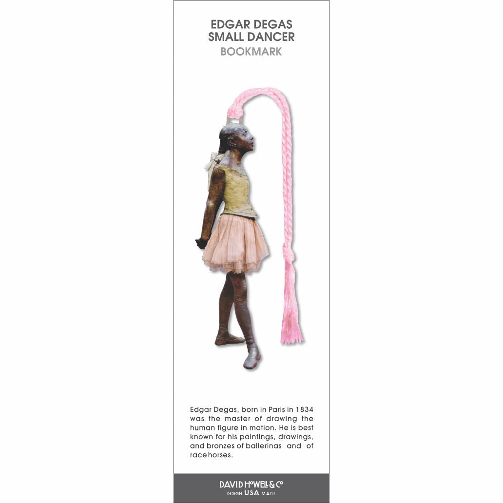 Edgar Degas ‘Small Dancer’ bookmark featuring a ballerina sculpture, with a light pink braided tassel.