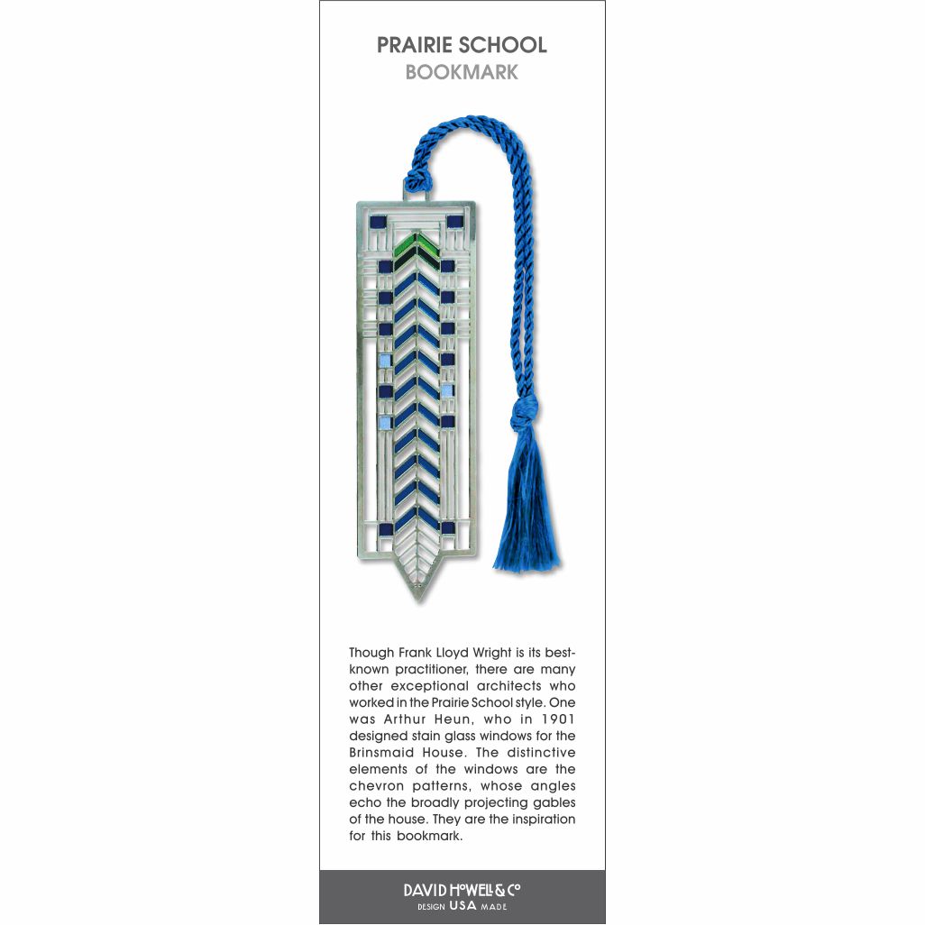 Prairie School’ bookmark featuring geometric stained glass–inspired design in blue and green, with a blue braided tassel.