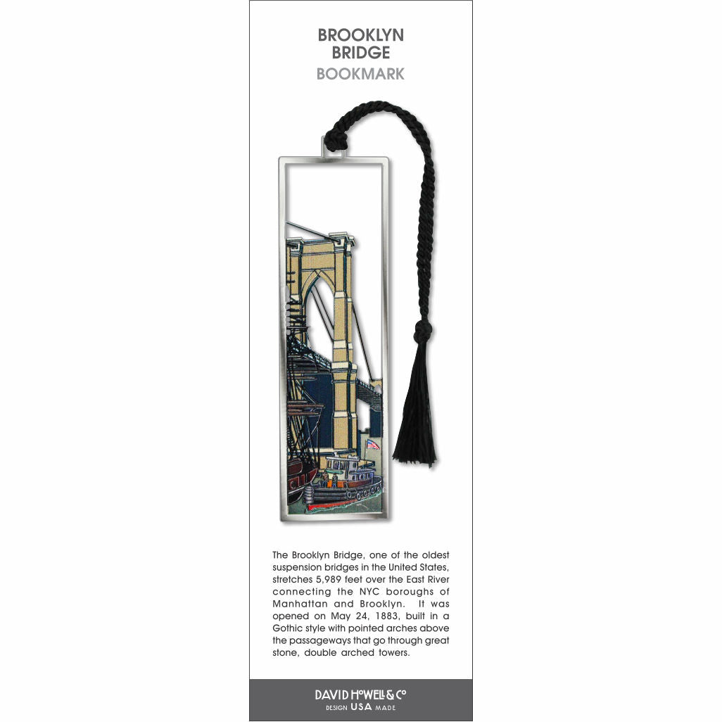 Brooklyn Bridge’ bookmark featuring a detailed illustration of the iconic NYC bridge, with a black braided tassel.