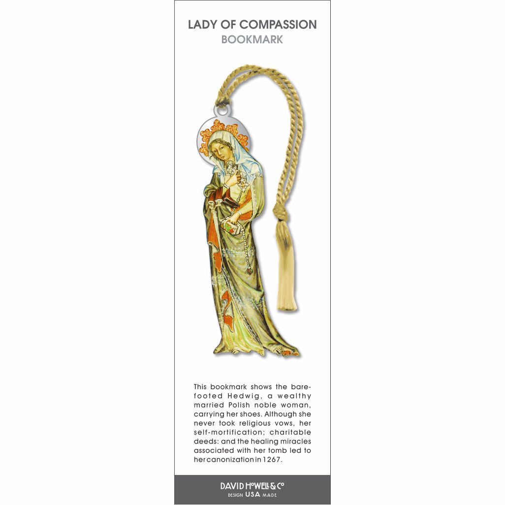 Lady of Compassion’ bookmark featuring a religious figure in flowing robes, with a gold braided tassel.