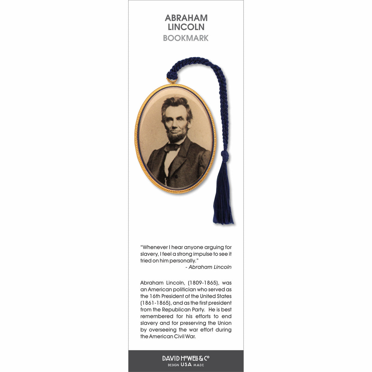 Abraham Lincoln bookmark featuring a vintage portrait of the U.S. president, with a blue braided tassel.