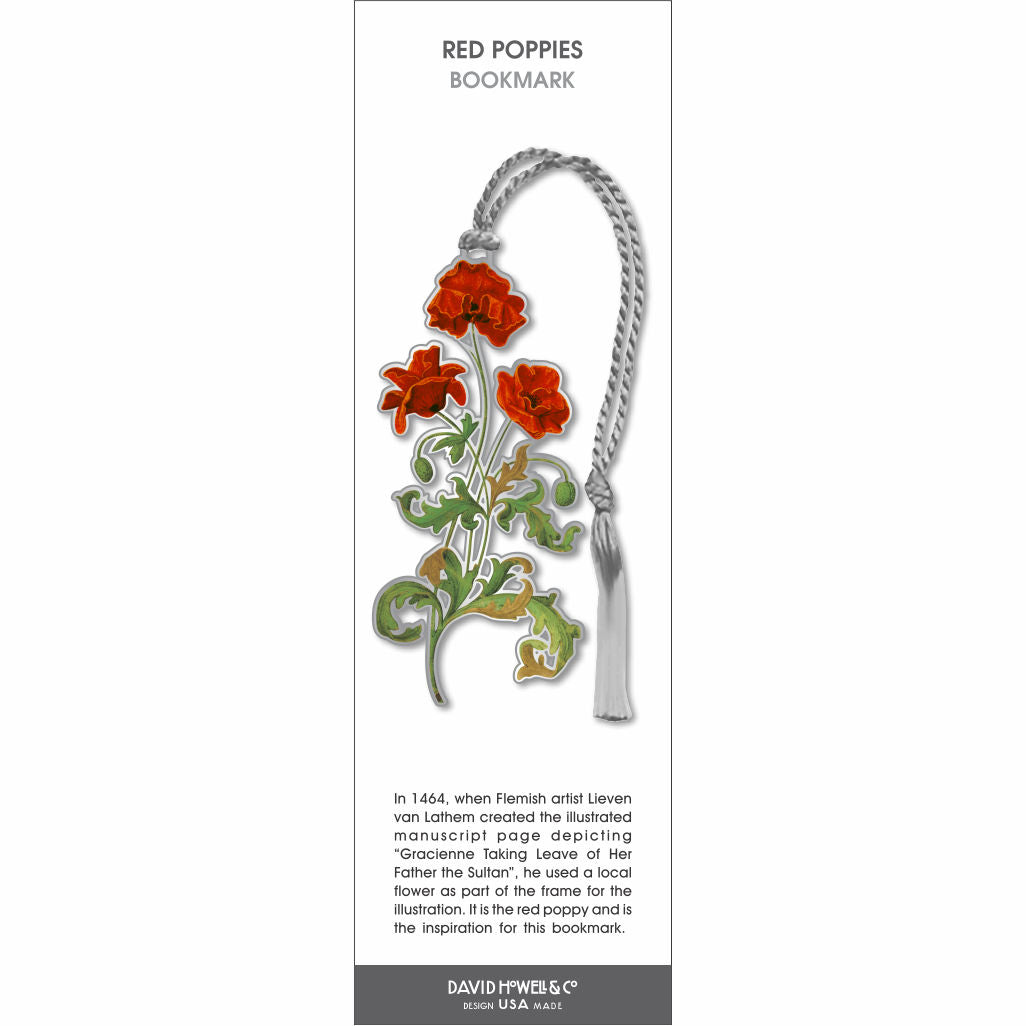 Red Poppies’ bookmark featuring red poppy flowers with green leaves, with a silver braided tassel.