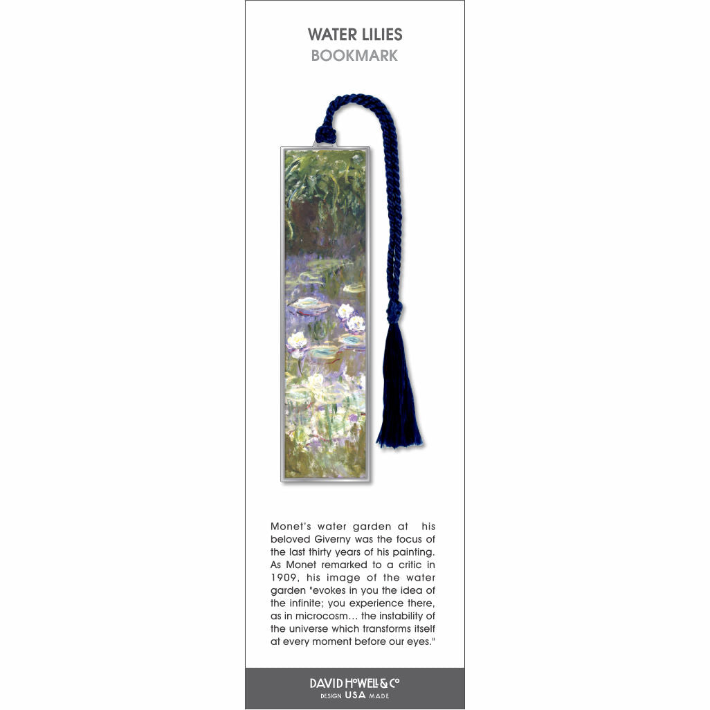 Water Lilies’ bookmark featuring Monet’s impressionist water garden scene, with a blue braided tassel.