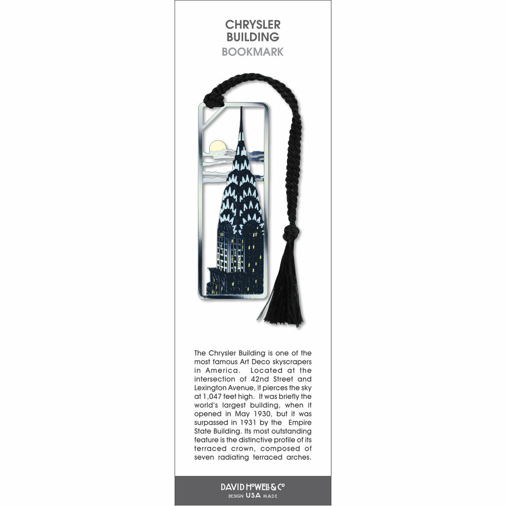 Chrysler Building’ bookmark featuring an Art Deco skyscraper at night, with a black braided tassel.