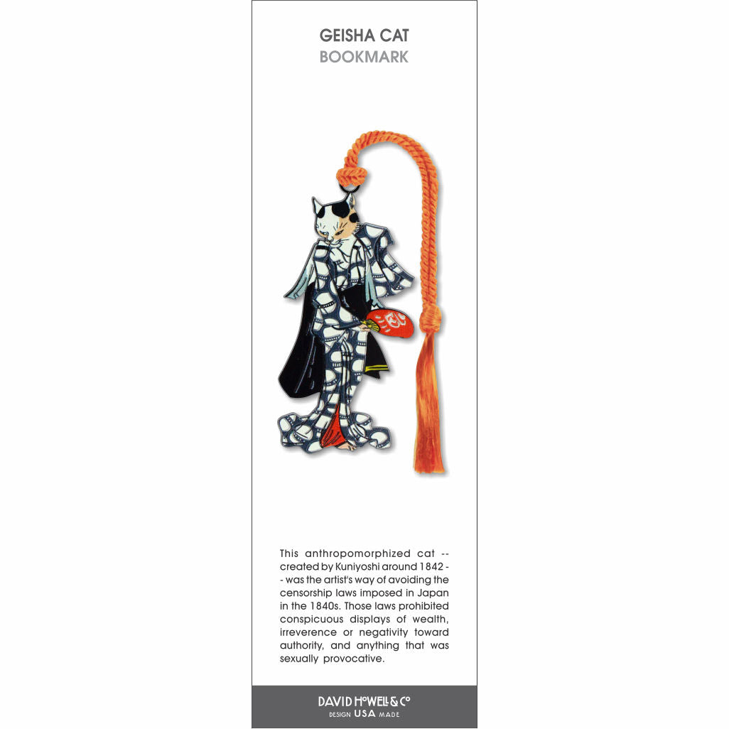 Geisha Cat’ bookmark featuring a cat in traditional kimono style illustration, with an orange braided tassel.