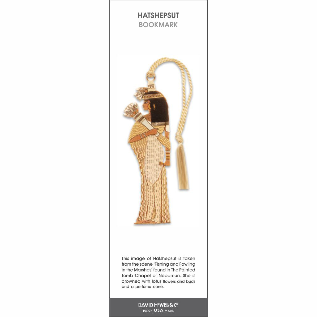 Hatshepsut bookmark featuring an ancient Egyptian queen illustration in profile, with a cream braided tassel.
