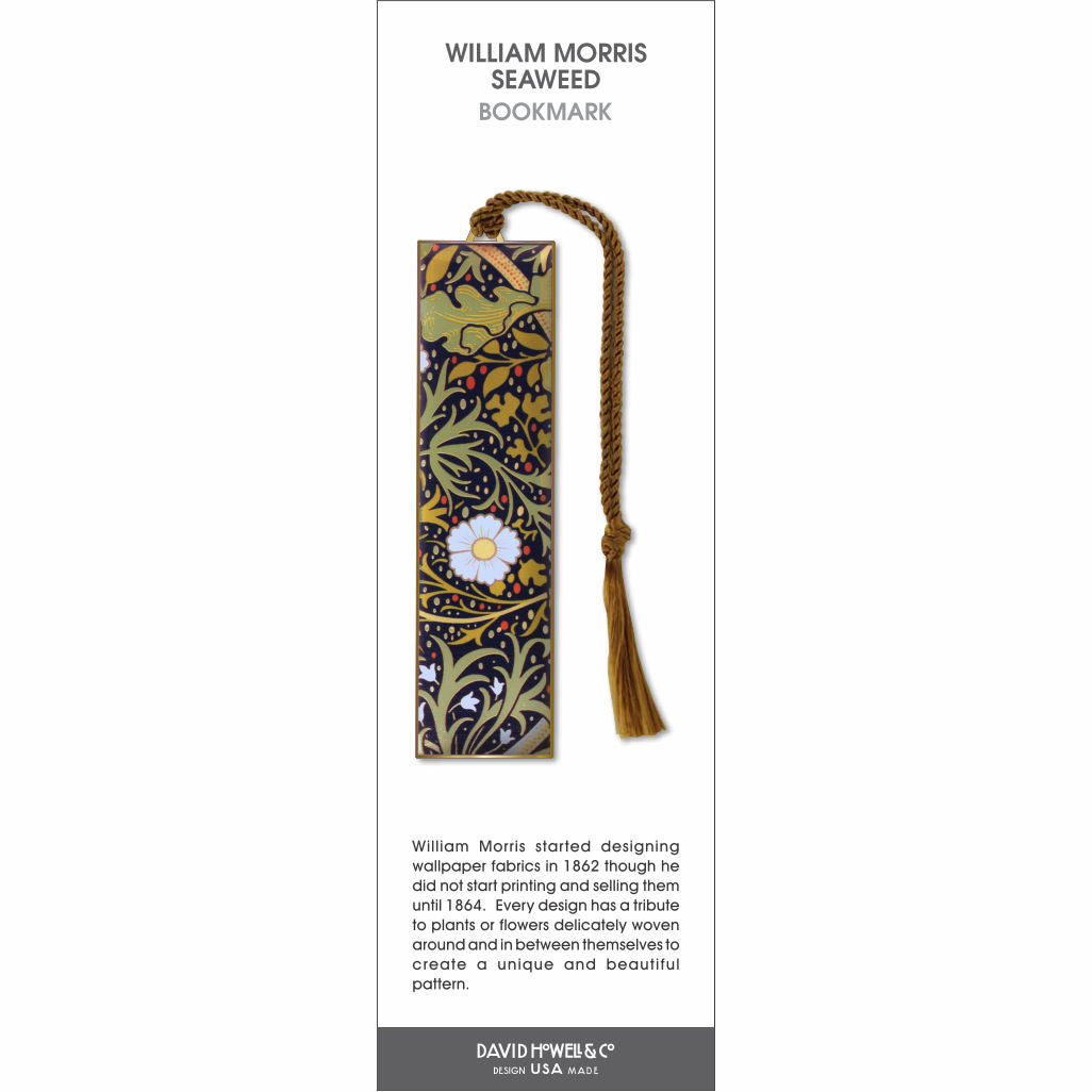 William Morris ‘Seaweed’ bookmark with floral pattern in navy, green, and gold, with a brown braided tassel.