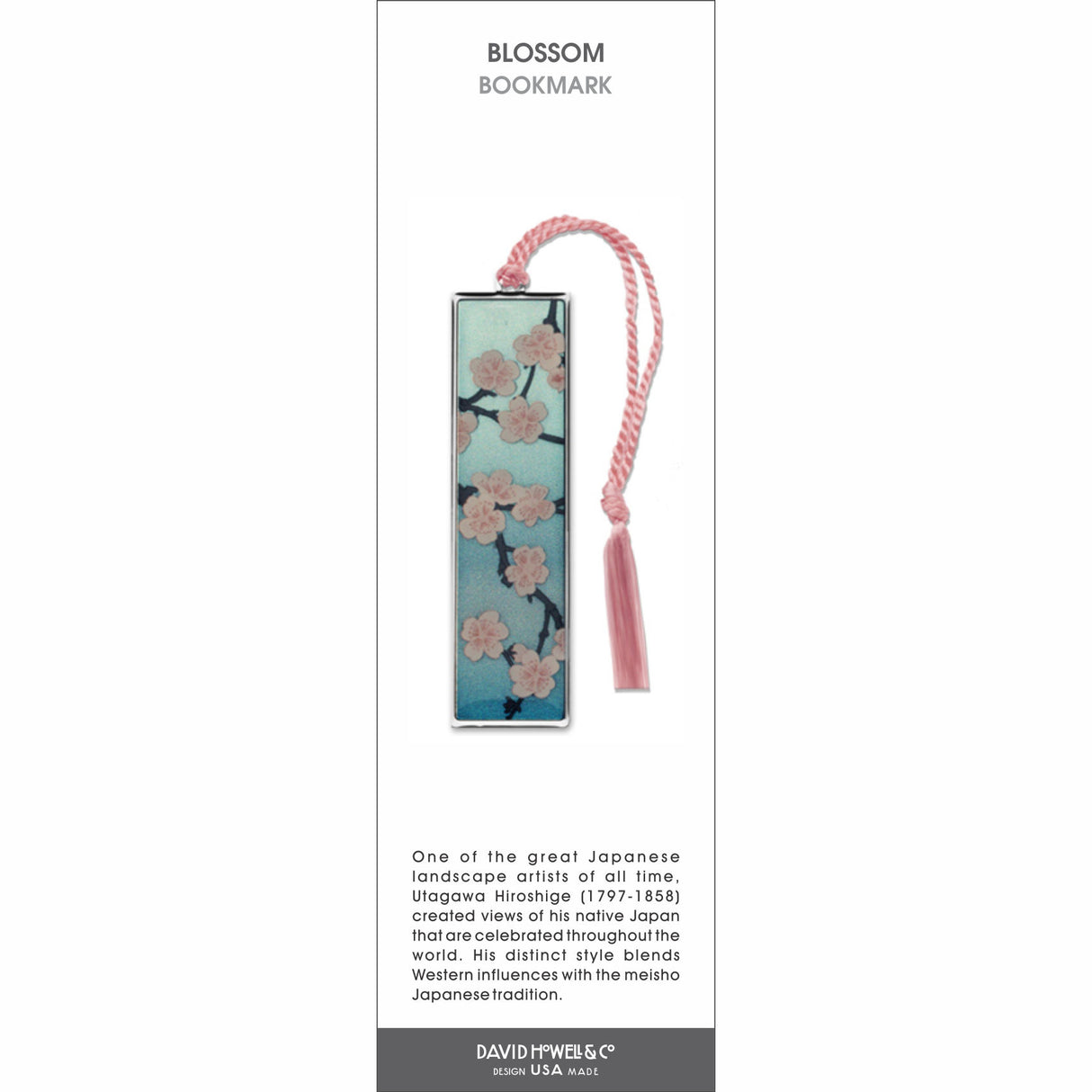 Blossom’ bookmark featuring pink cherry blossoms on branches against a blue background with a pink tassel.