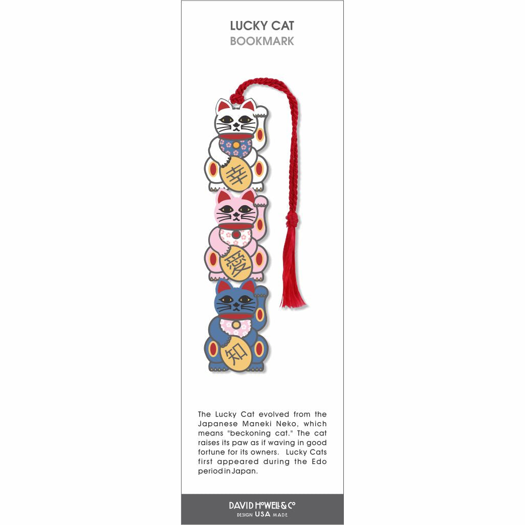 Lucky Cat Bookmark: bookmark featuring three colorful Maneki Neko lucky cats in white, pink, and blue with gold coins and a red tassel.