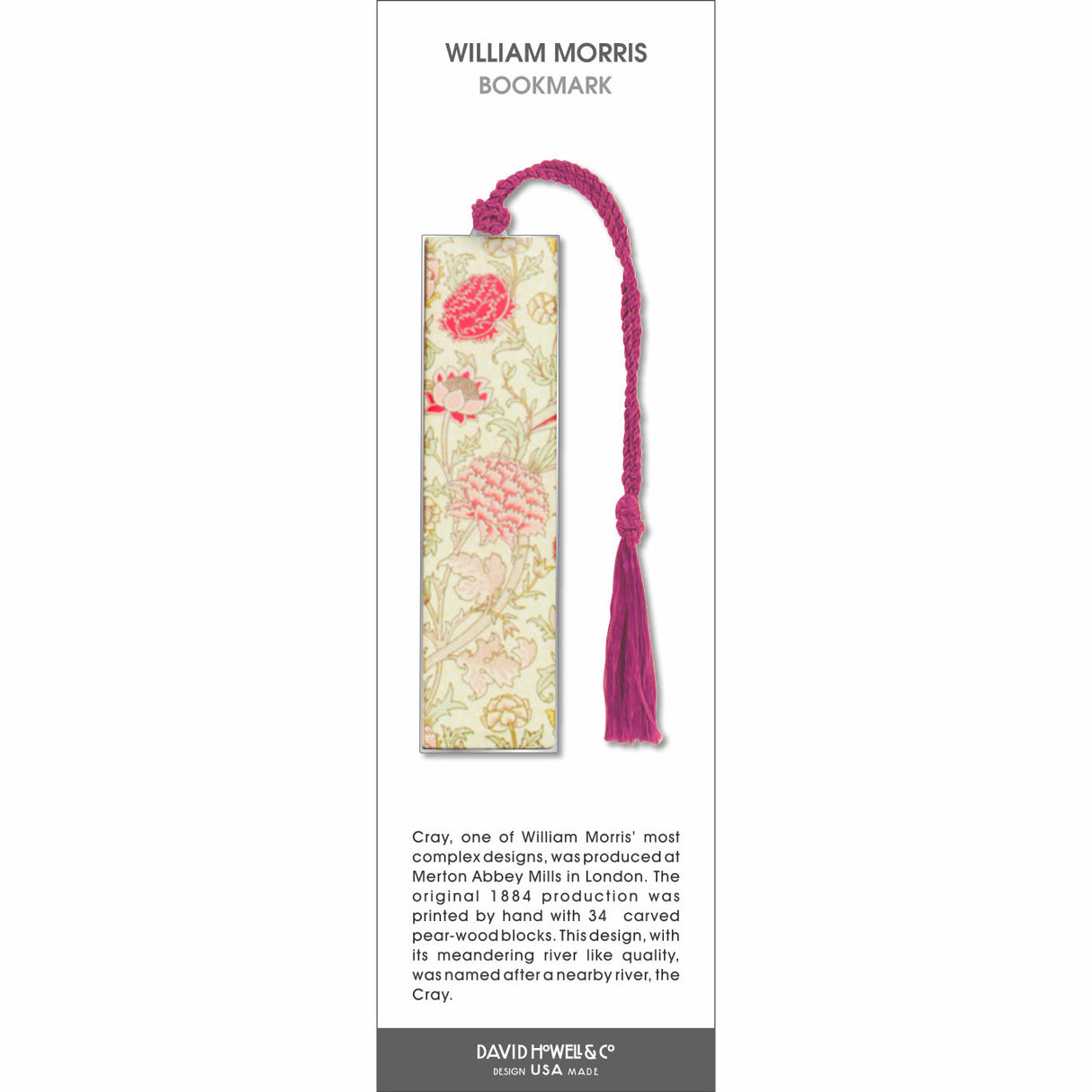 William Morris’ bookmark featuring a floral pattern of soft pink flowers and green leaves with a pink tassel.