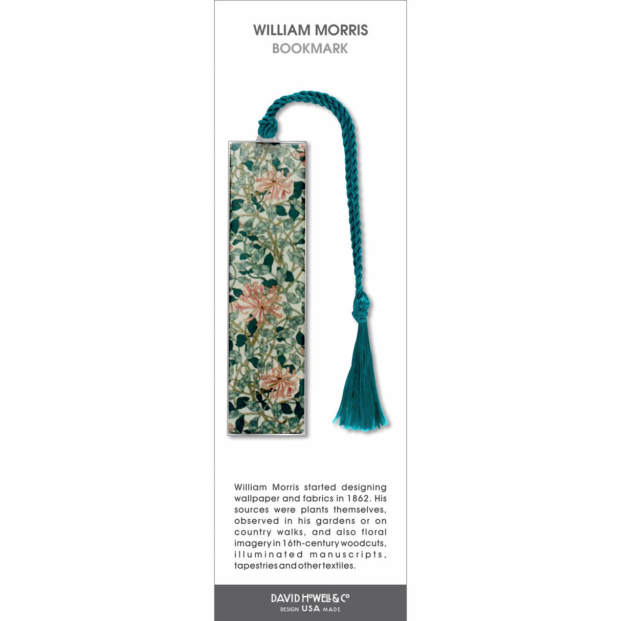 William Morris’ bookmark featuring a floral pattern of soft pink flowers and green leaves with a teal tassel.