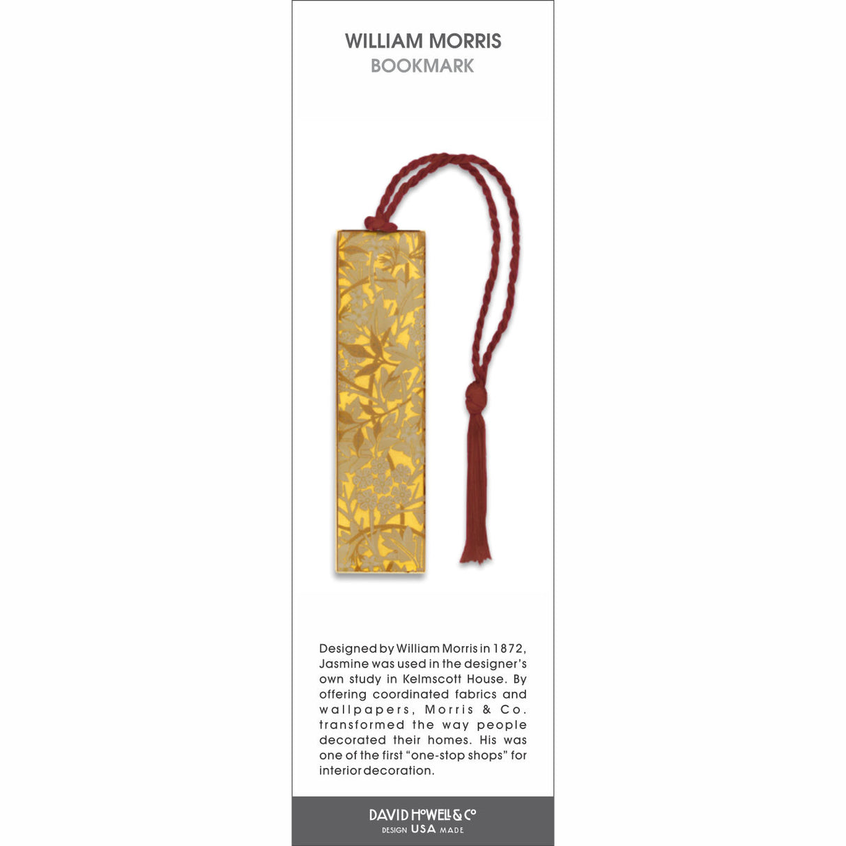 William Morris bookmark with gold floral pattern inspired by jasmine design, with a red braided tassel.